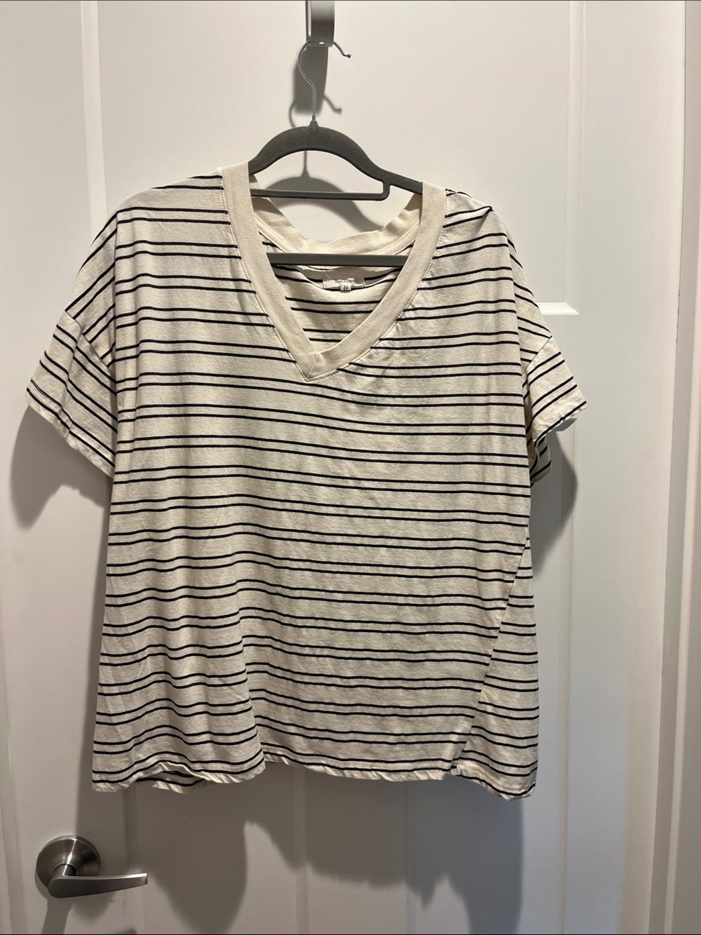 Maurices Cream and Black Striped V-Neck Short Sleeve Tee